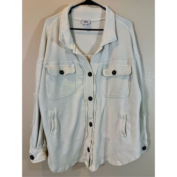 Jacks Surfboards Off White Women's Distressed Button Up Shacket Medium - Picture 1 of 9